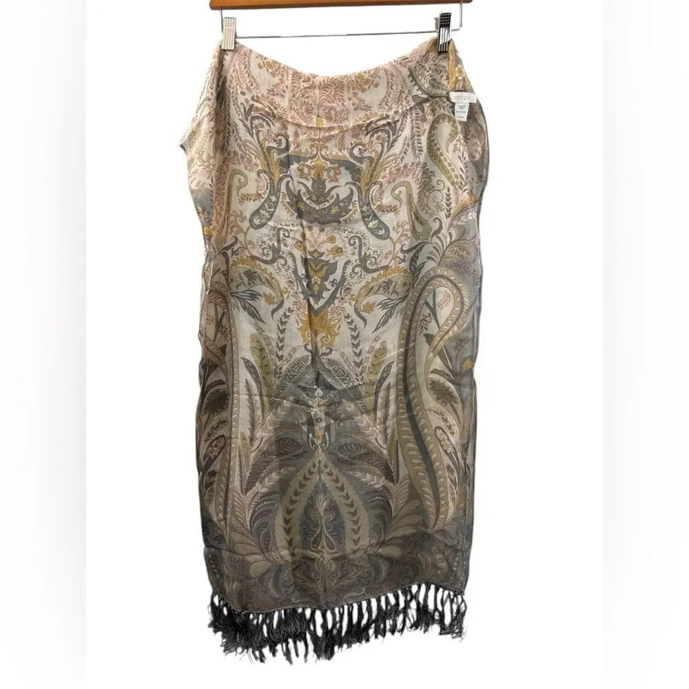 Chico’s Gray Beige Paisley Print Scarf Fringe, Viscose 19”x  66” career Staple